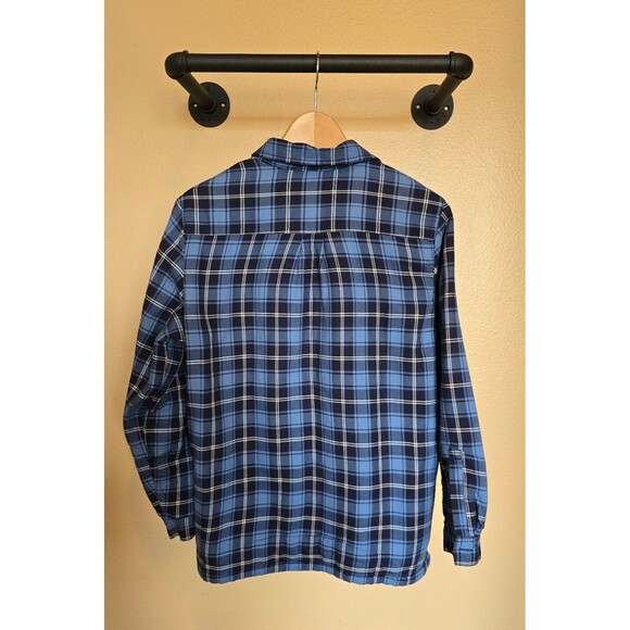 Men's LL Bean Fleece Lined Flannel Shirt Blue & White Button Up Shaket sz small - Picture 2 of 8